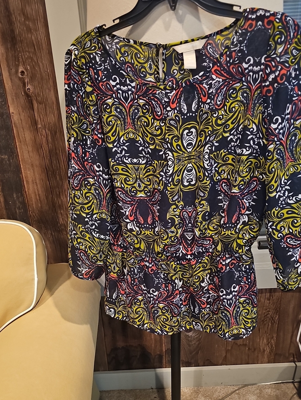Banana Republic Navy Blouse with Yellow & Coral Print